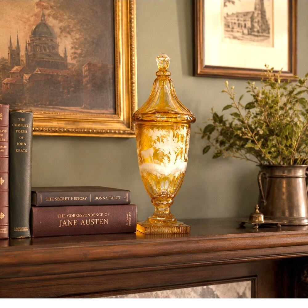 Bohemian amber-stained engraved covered pokal woodland landscape scene w/stag